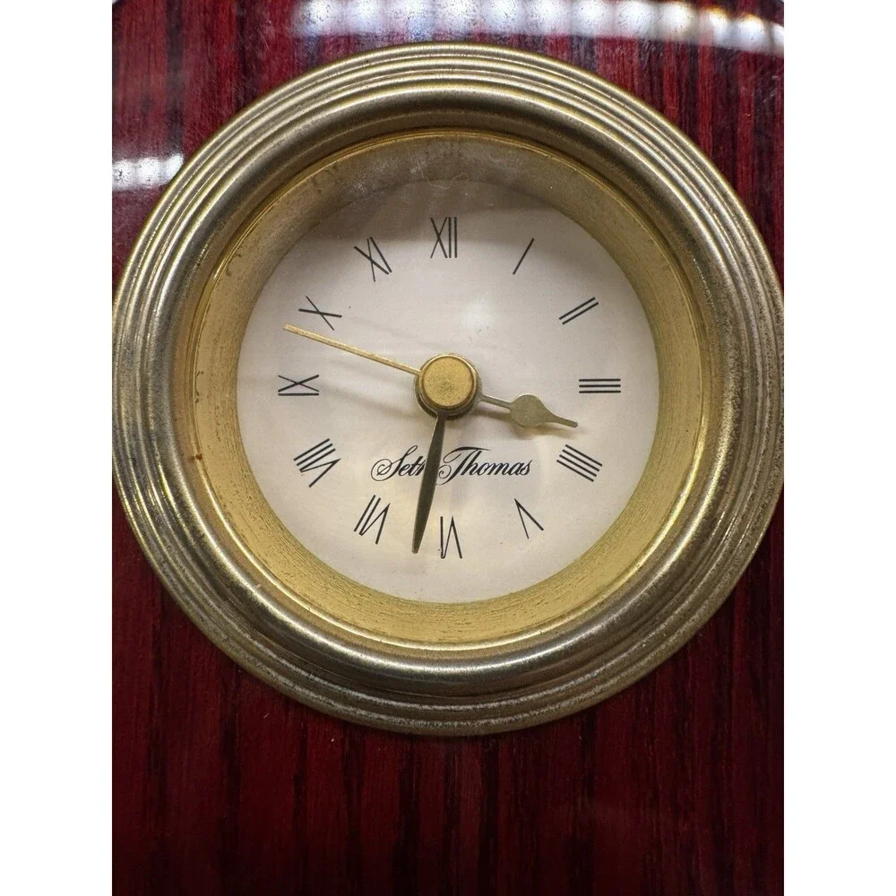 Seth Thomas Quartz Mantel Clock Wood Gold Tone Desk Office 5.5” Works